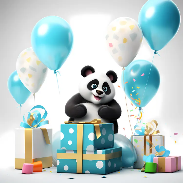 Panda Celebrating with Presents and Balloons