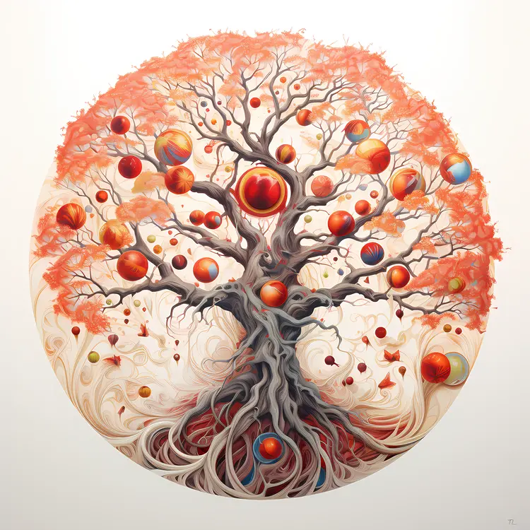 Tree with Orbs and Roots in a Mystical Design