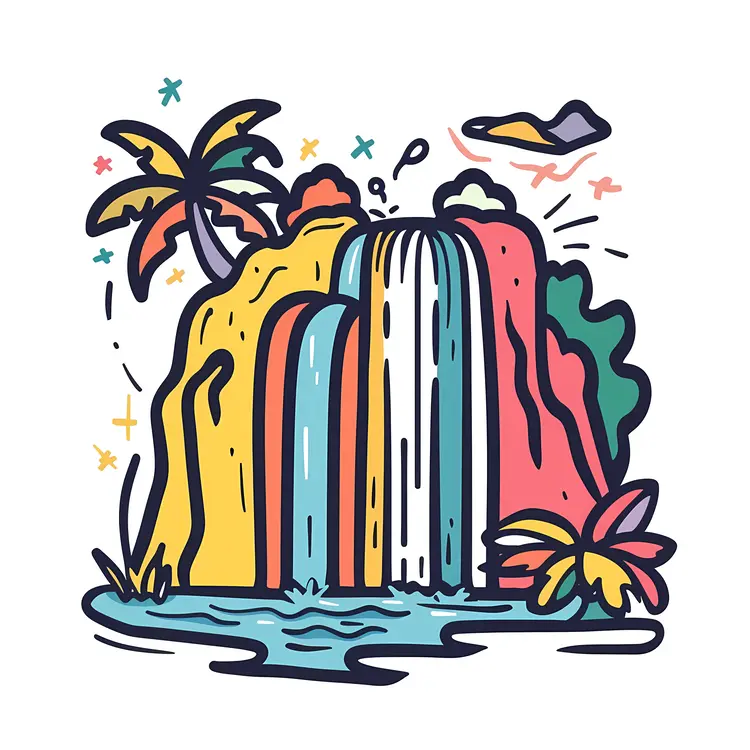 Colorful Waterfall with Palm Trees