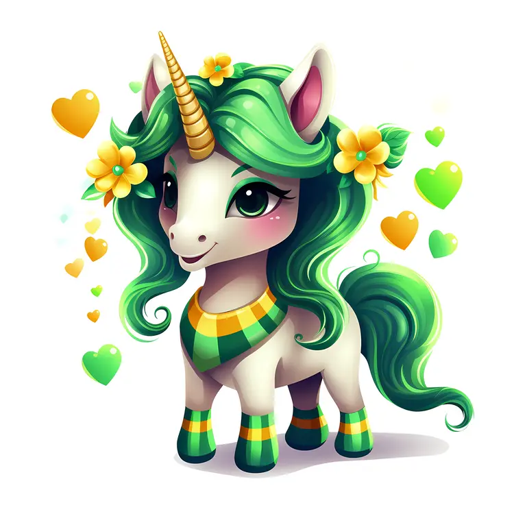 Adorable Green-haired Unicorn with Flowers and Hearts
