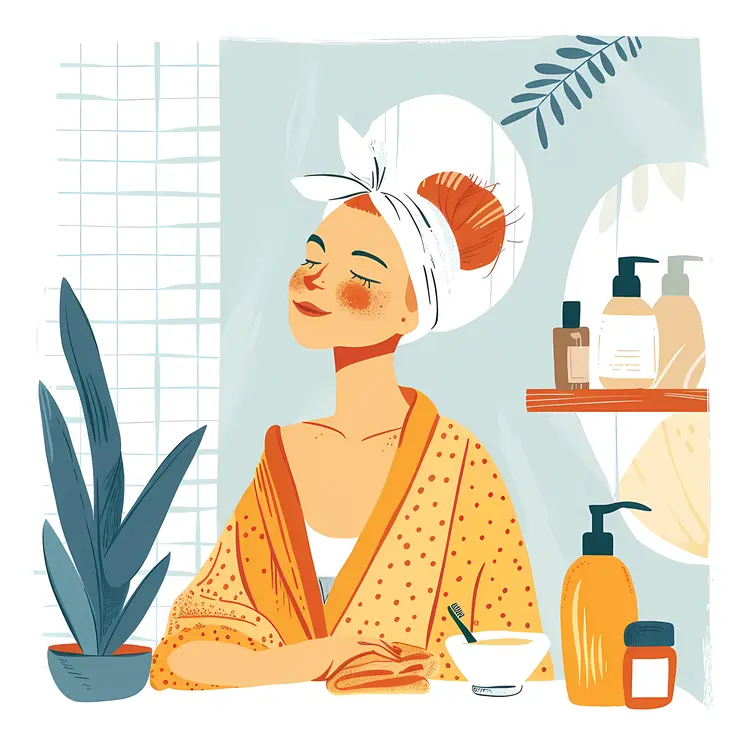 Woman in Robe with Skincare Products