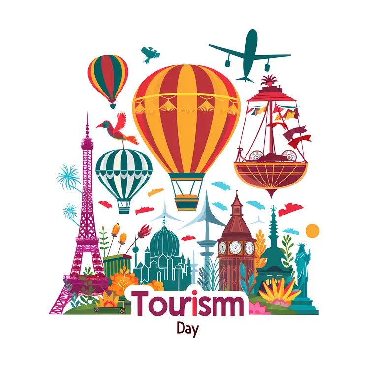 Colorful Tourism Day Poster with Hot Air Balloon and Landmarks
