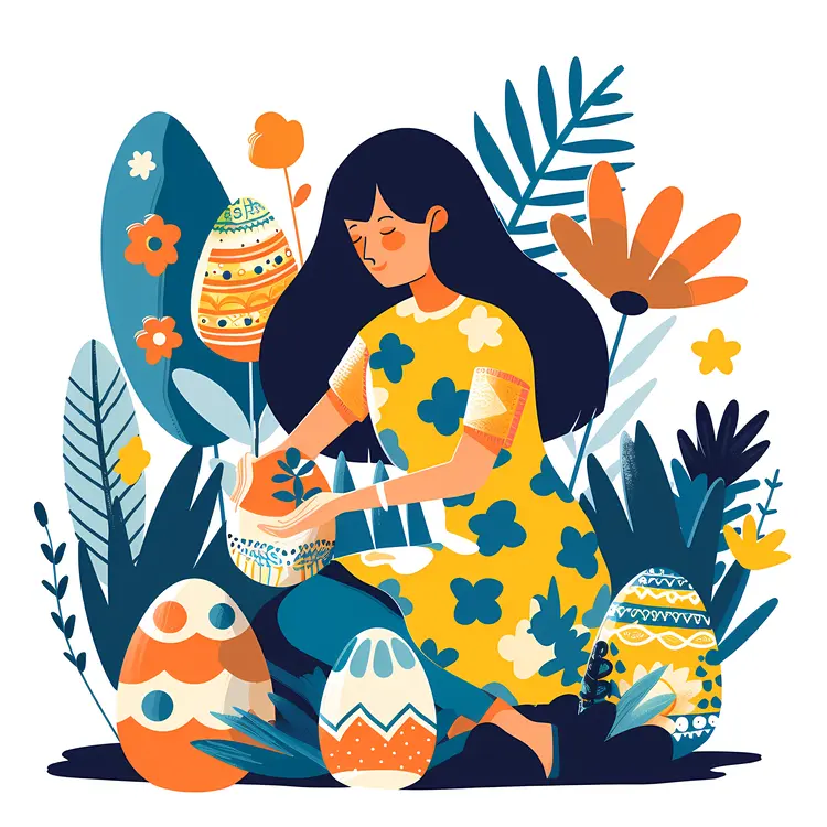 Woman Decorating Eggs in a Floral Setting