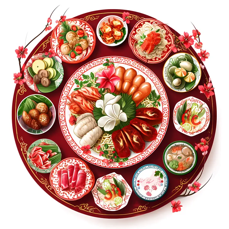Asian Feast with Various Dishes