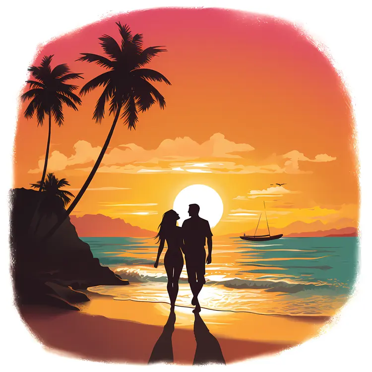 Couple Strolling on the Beach at Sunset
