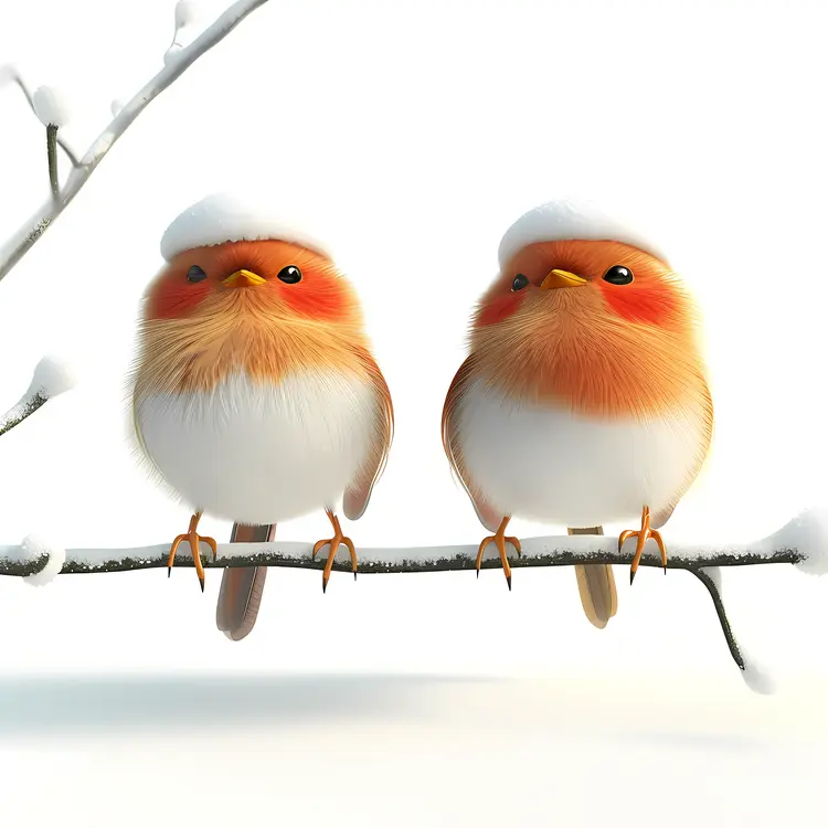 Cute Birds on Snowy Branch