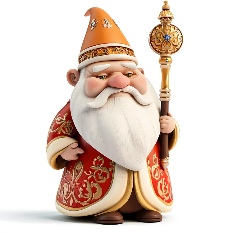 Gnome with Staff and Patterned Clothes