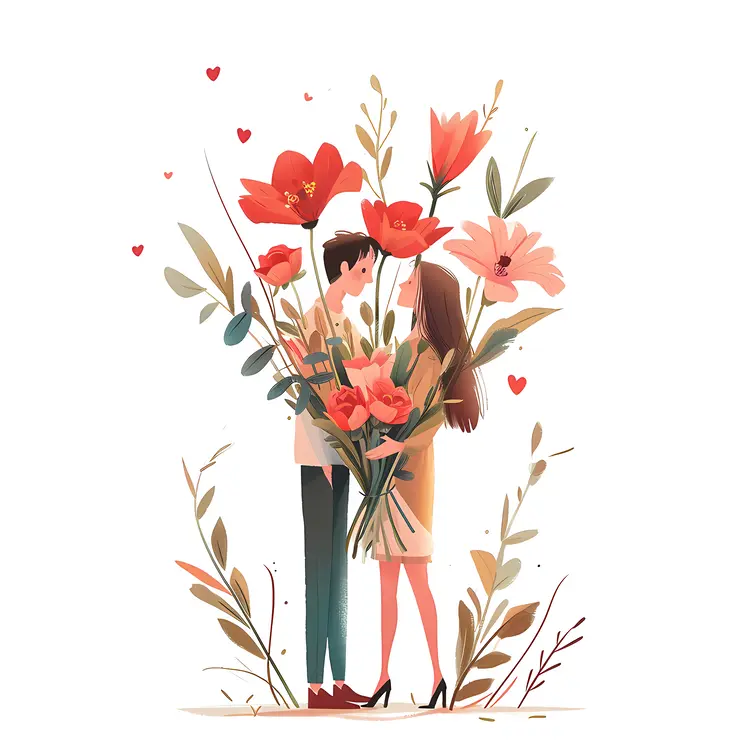 Couple with a Bouquet of Flowers and Hearts