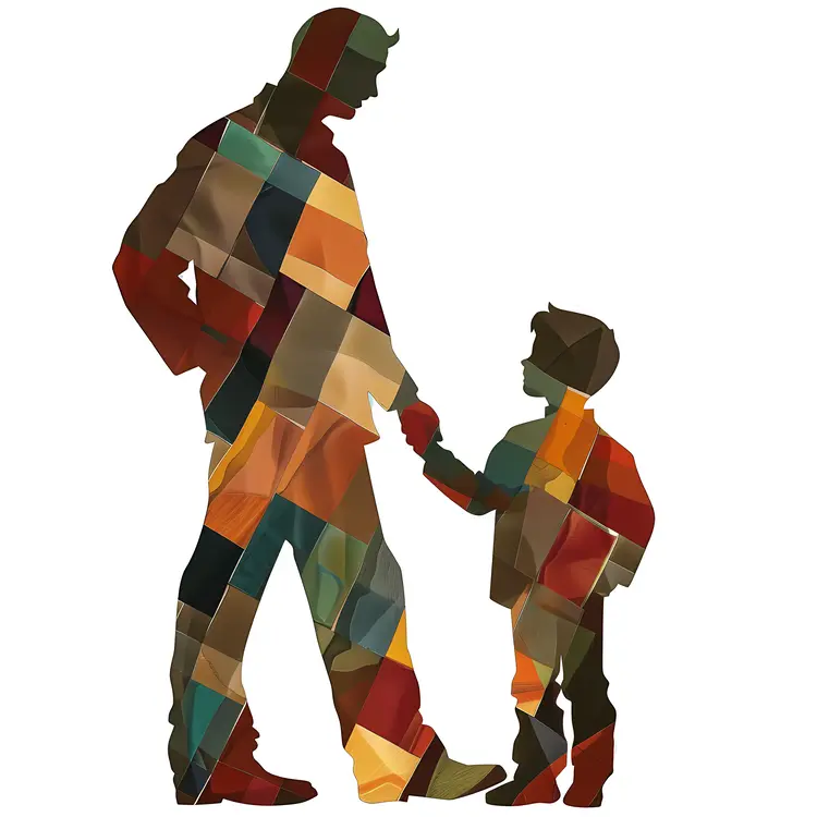 Patchwork Silhouette of Father and Child Holding Hands