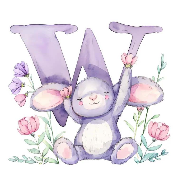 Cute Bunny with Letter W and Flowers