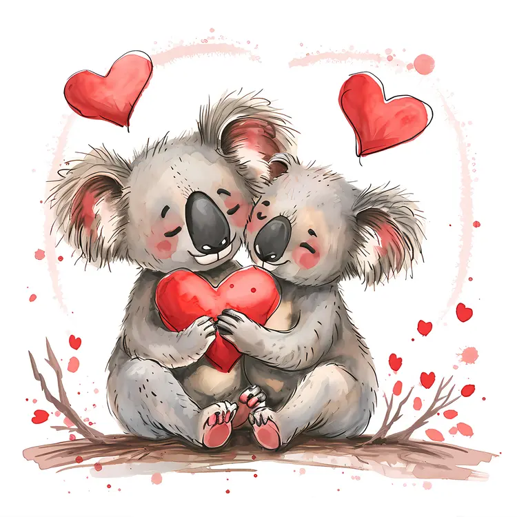 Watercolor Koalas with a Heart
