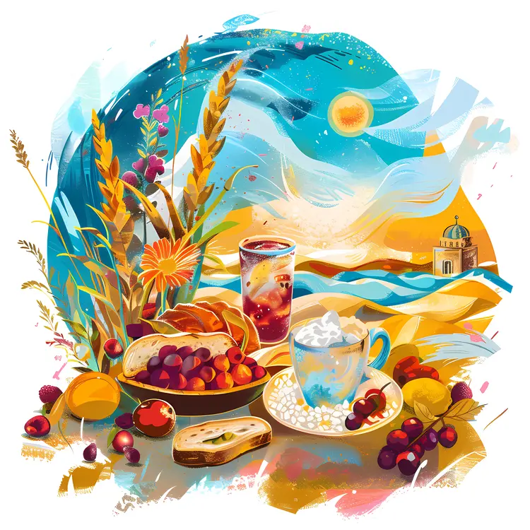Bread and Fruits with Juice and Landscape