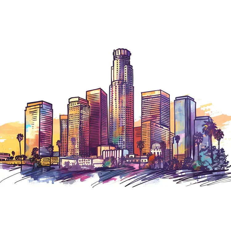 Colorful Cityscape with Skyscrapers and Sunset