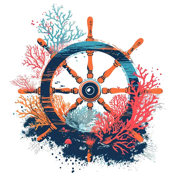 Vintage Ship Wheel with Coral