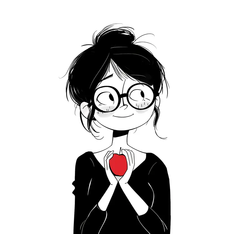 Black and White Cartoon Girl with Apple