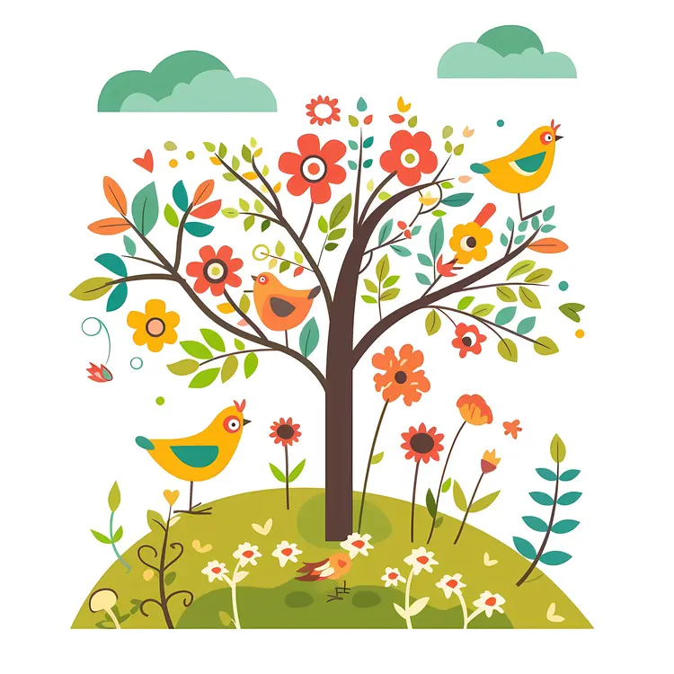 Tree with Birds and Flowers