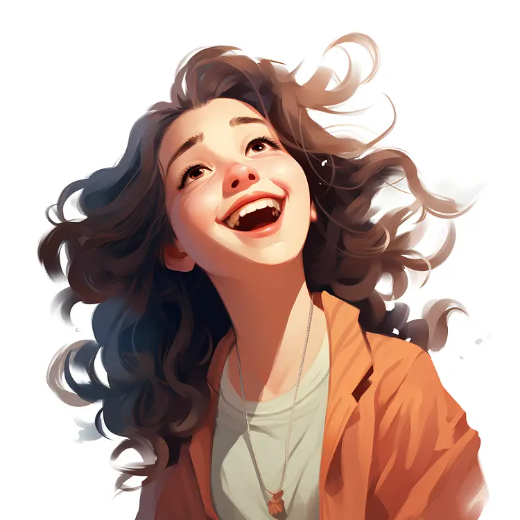 Joyful Cartoon Girl with Curly Hair