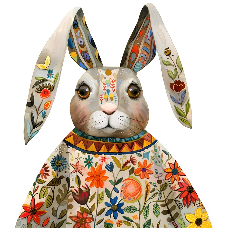 Colorful Patterned Rabbit with Floral Design