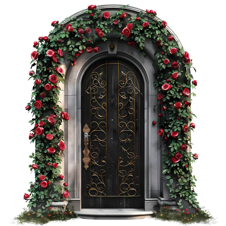 Red Roses Around an Arched Door