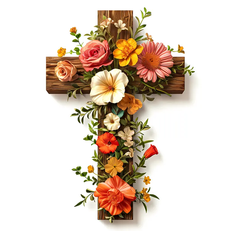 Floral Wooden Cross with Colorful Flowers