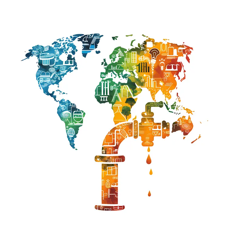 World Map with Faucet and Pipes