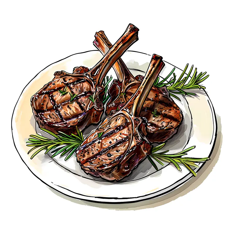 Grilled Lamb Chops with Rosemary on Plate