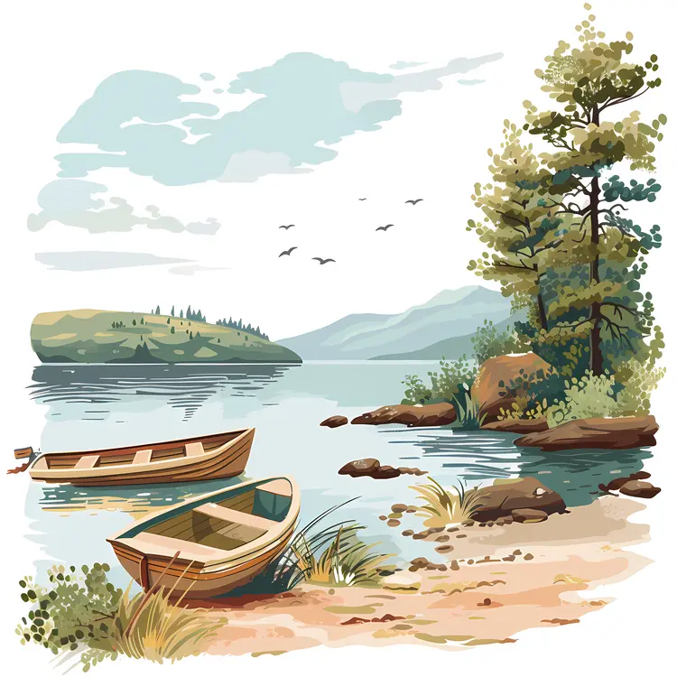 Serene Lake with Boats and Trees