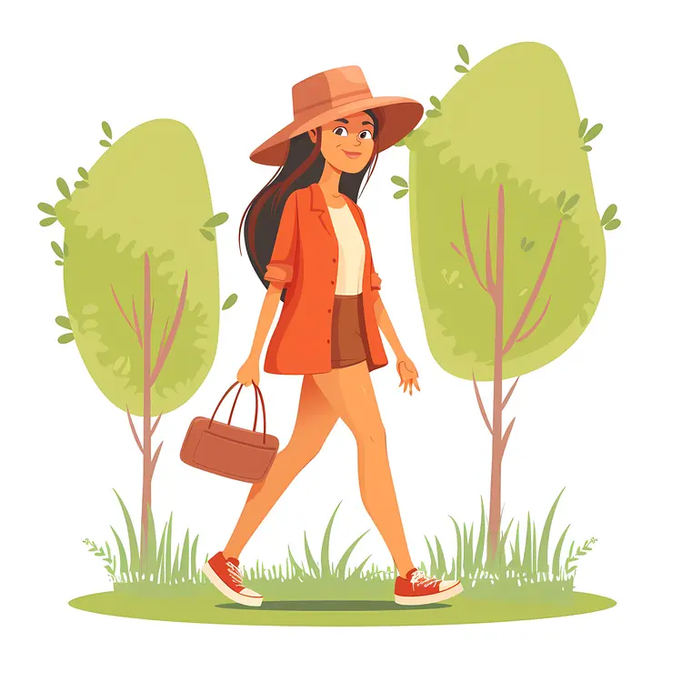 Girl in Orange Outfit with Hat Walking