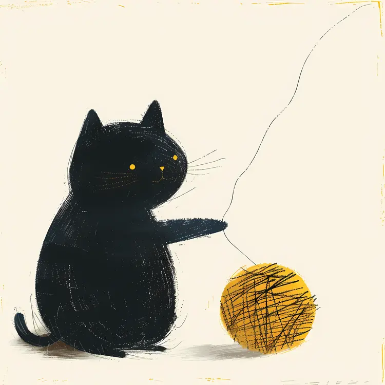 Playful Black Cat with Yellow Yarn