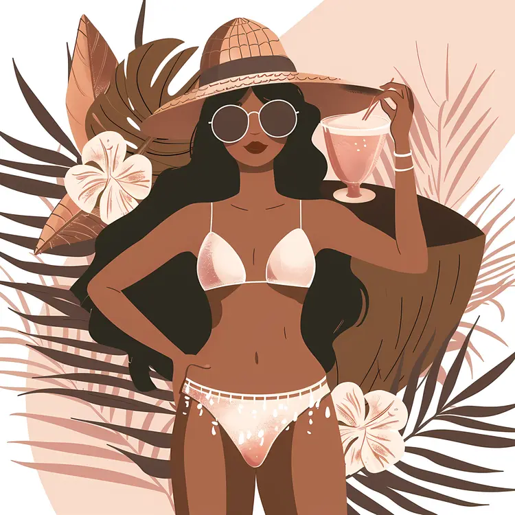 Woman in Bikini with Hat on Beach