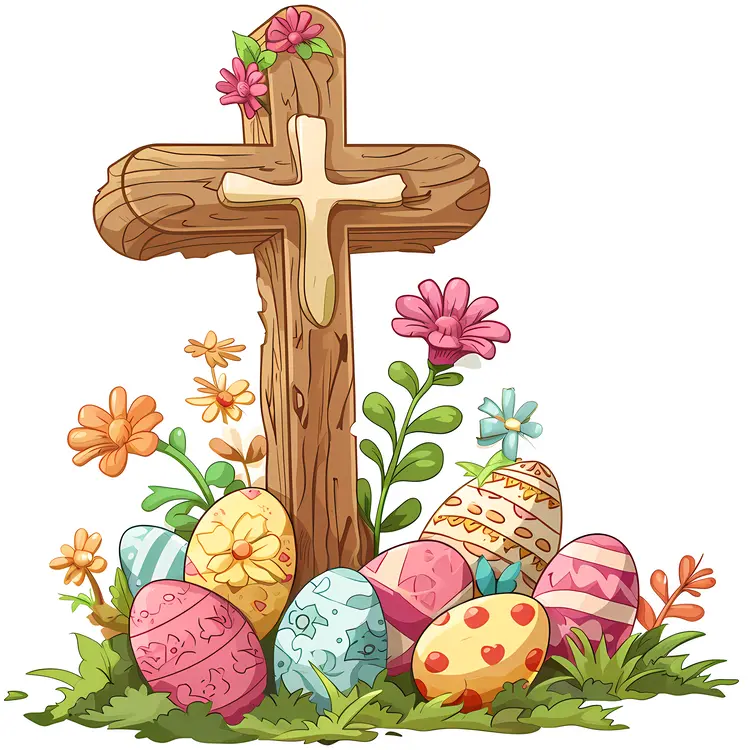 Wooden Cross with Easter Eggs and Flowers