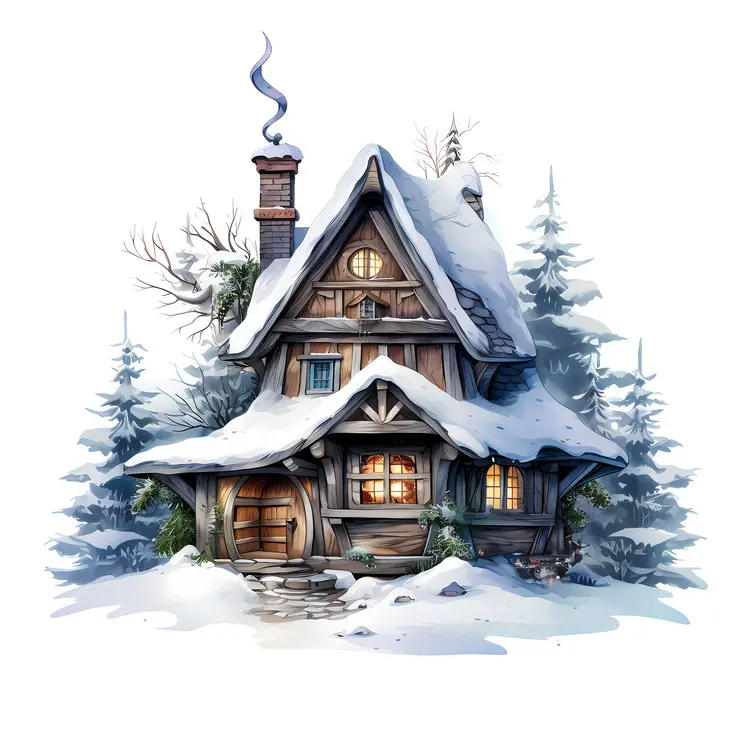 Rustic Wooden House in Winter Wonderland