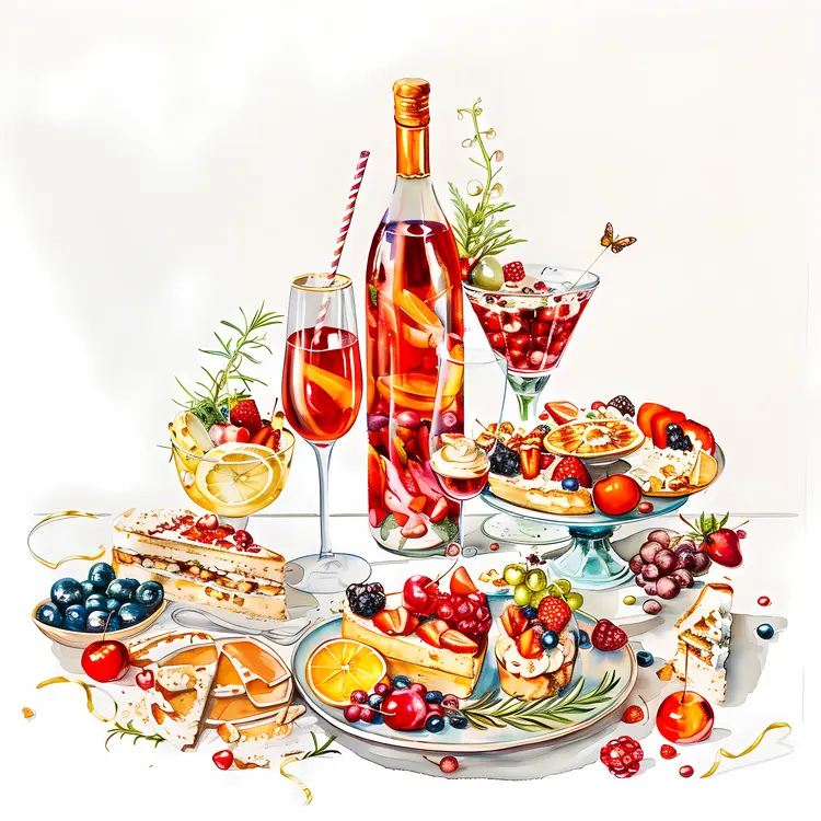 Wine Bottle and Glasses with Desserts