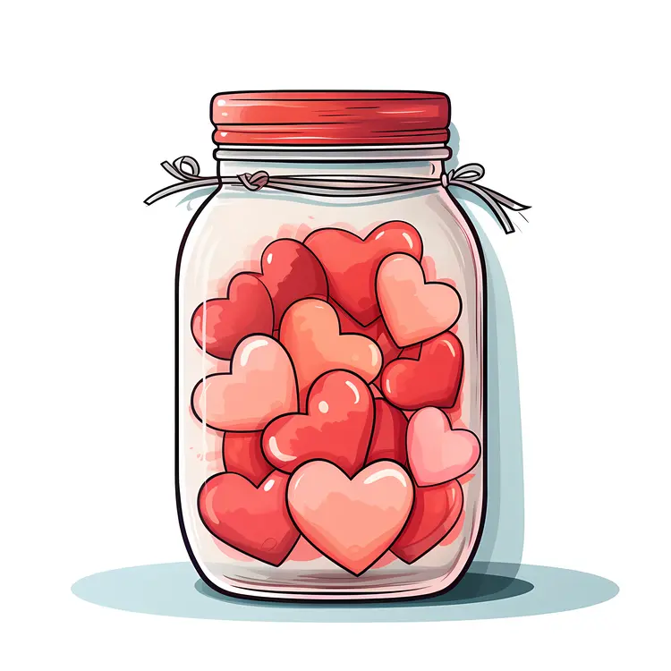 Red and Pink Hearts in a Jar with Red Lid