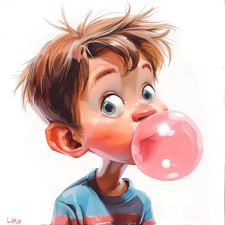 Cartoon Boy with Messy Hair Blowing Bubblegum