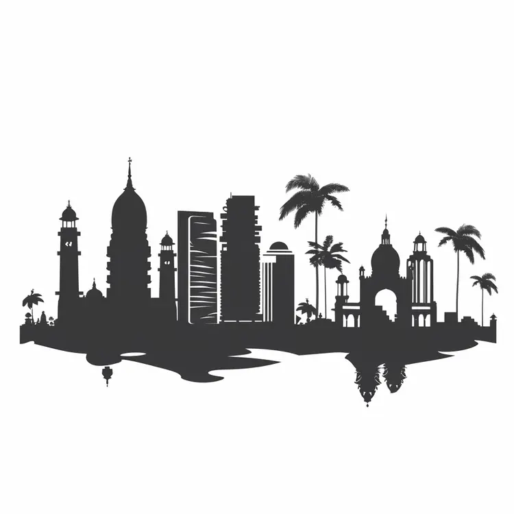 Silhouette of City Skyline with Palm Trees