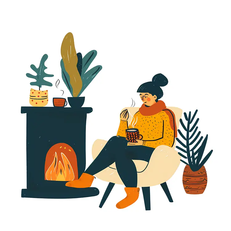 Woman Sitting by Fireplace with Plants