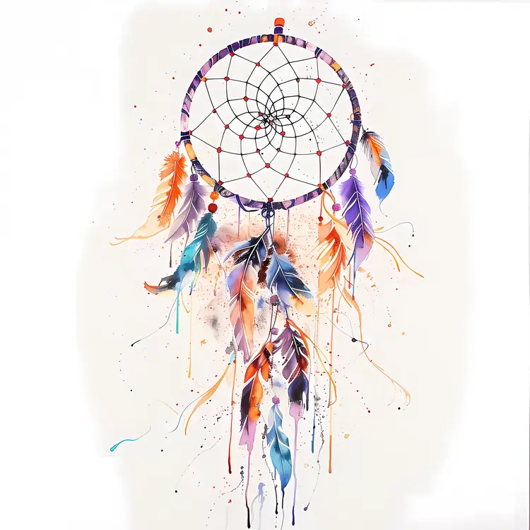 Watercolor Dreamcatcher with Multicolored Feathers