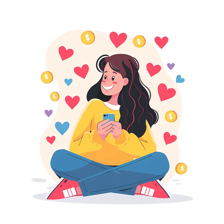 Smiling Woman with Phone and Hearts