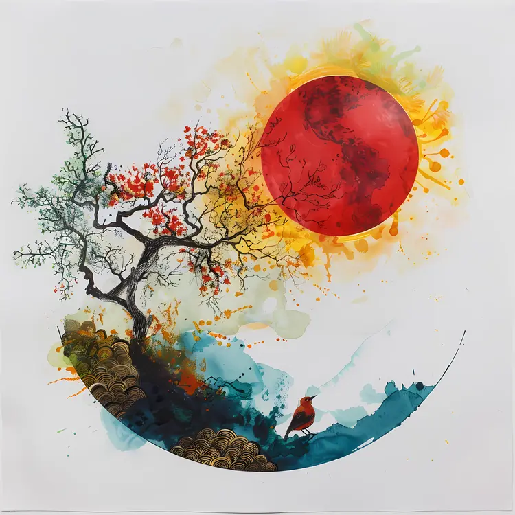 Tree with Red Sun Artwork