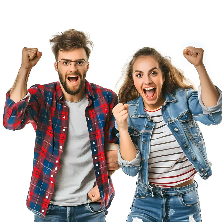 Excited Couple Cheering in Casual Outfits