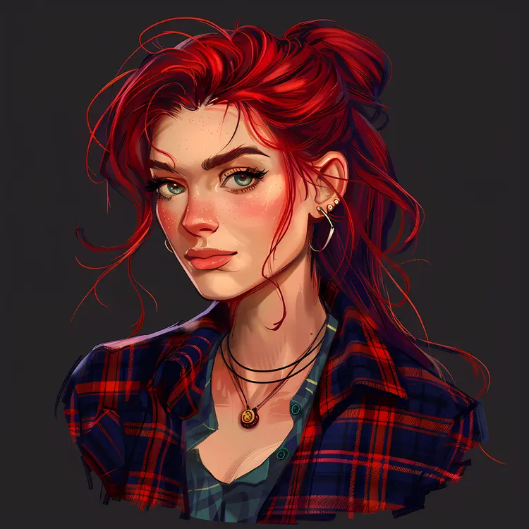 Serious girl with red hair and plaid shirt