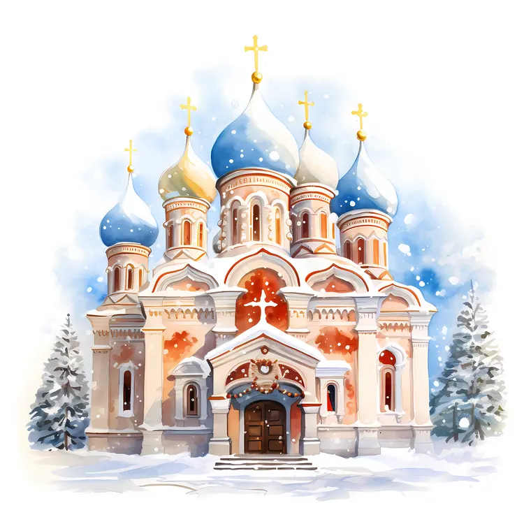 Snowy Church with Blue Domes