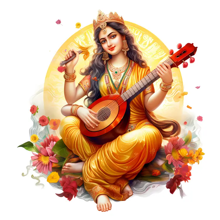 Goddess Playing Veena in Yellow Dress