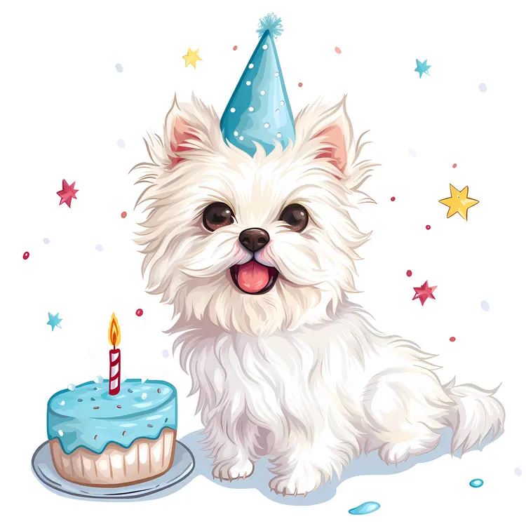 White Dog with Birthday Hat and Cake