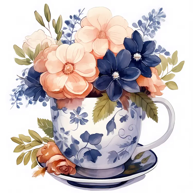 Elegant Blue and White Floral Cup with Flowers