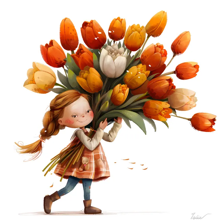 Girl Holding a Large Bouquet of Colorful Tulips