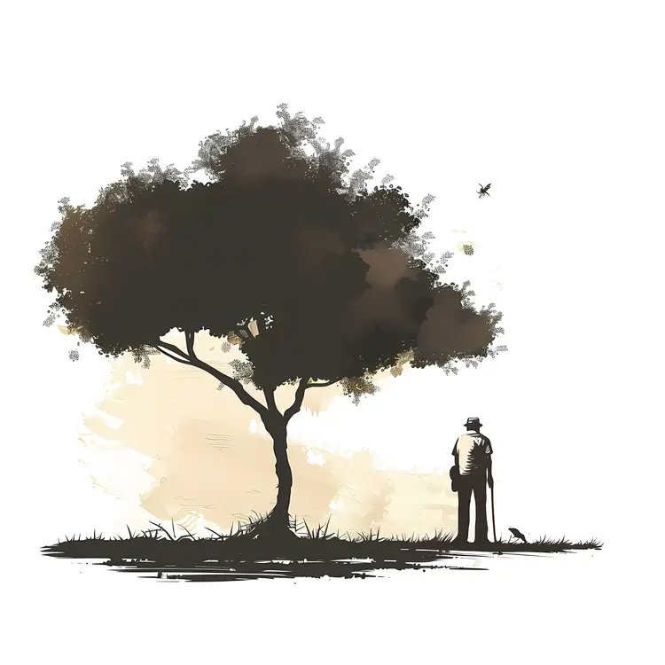 Silhouette of Person with Cane Near Tree