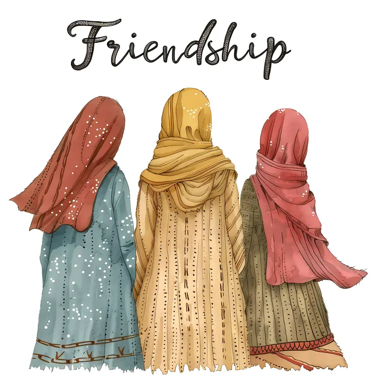 Three Friends in Traditional Clothing Illustration