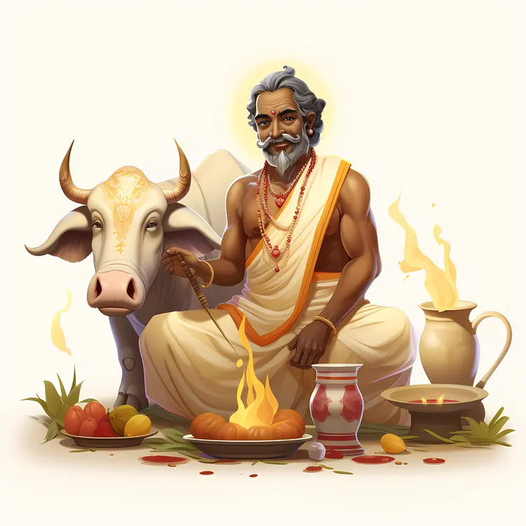 Traditional Man Cooking with Cow and Fire